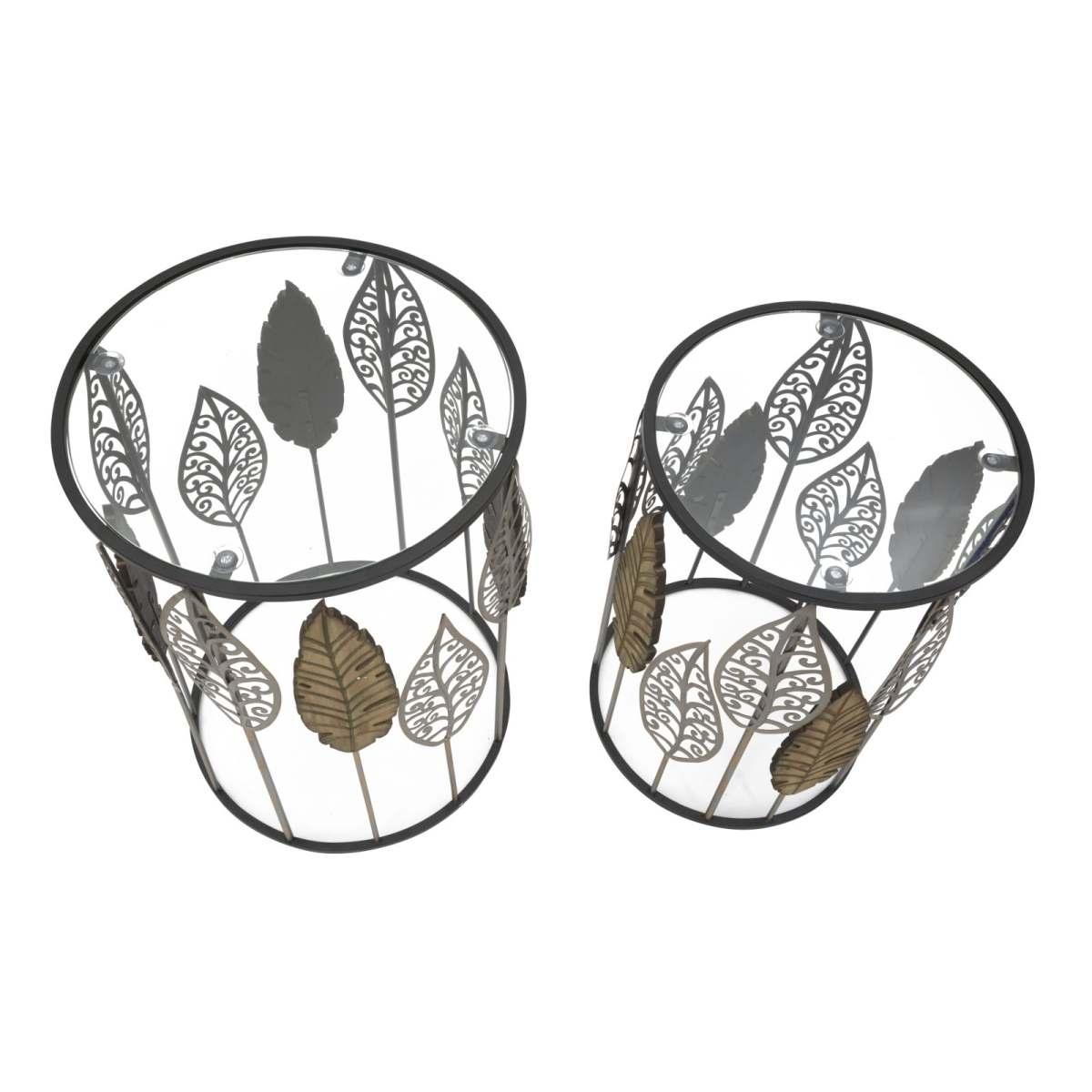 Tavolinetti In Ferro E Legno Foglie Coppia cm.38x55-33x50
