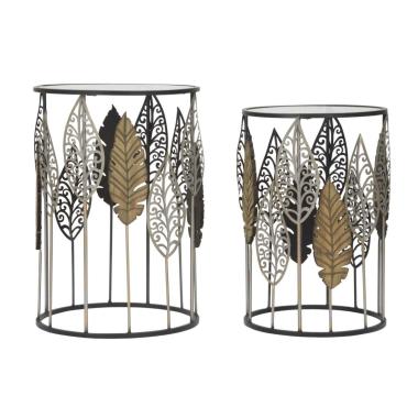 Tavolinetti In Ferro E Legno Foglie Coppia cm.38x55-33x50