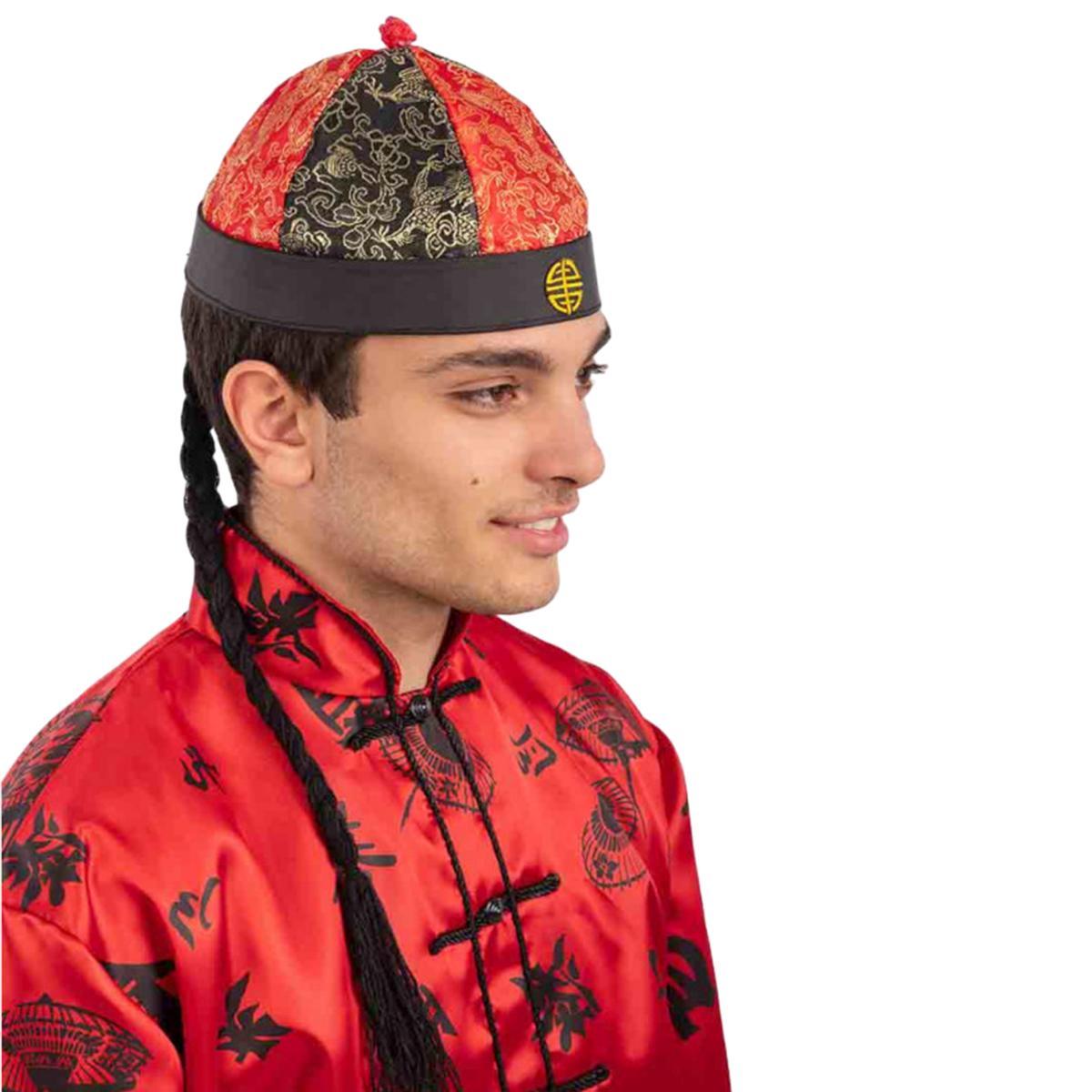 Cappello Cinese Rosso Nero In Tessuto Con Treccia Capelli |Carnival Toys