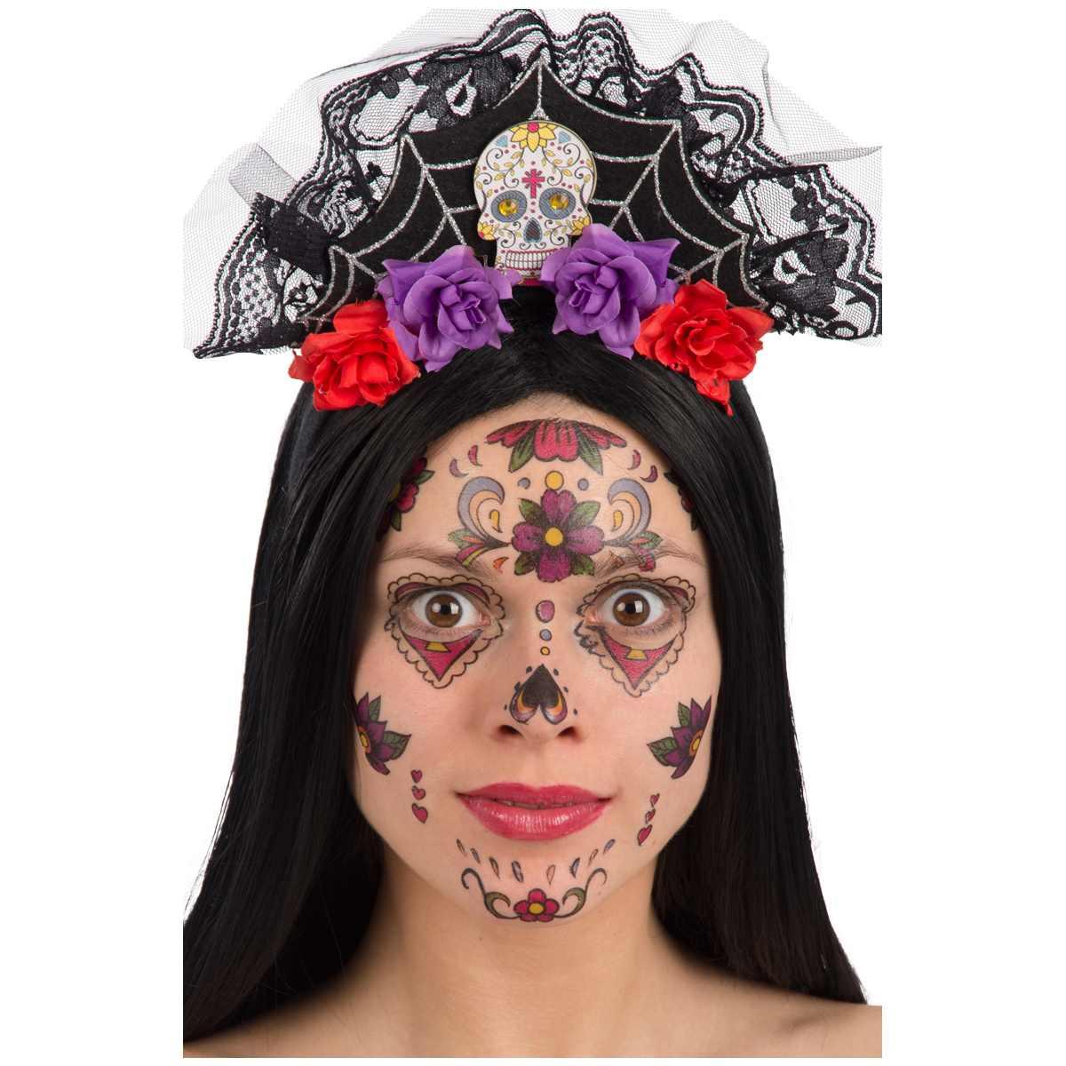 Cerchietto Con Merletto, Teschio E Rose Teschio Messicano |Carnival Toys