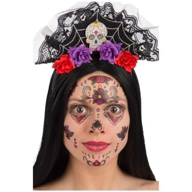 Cerchietto Con Merletto, Teschio E Rose Teschio Messicano |Carnival Toys