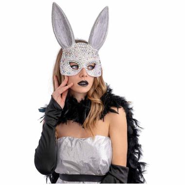 Maschera Viso Pvc Coniglio Grigio Con Strass E Piume |Carnival Toys
