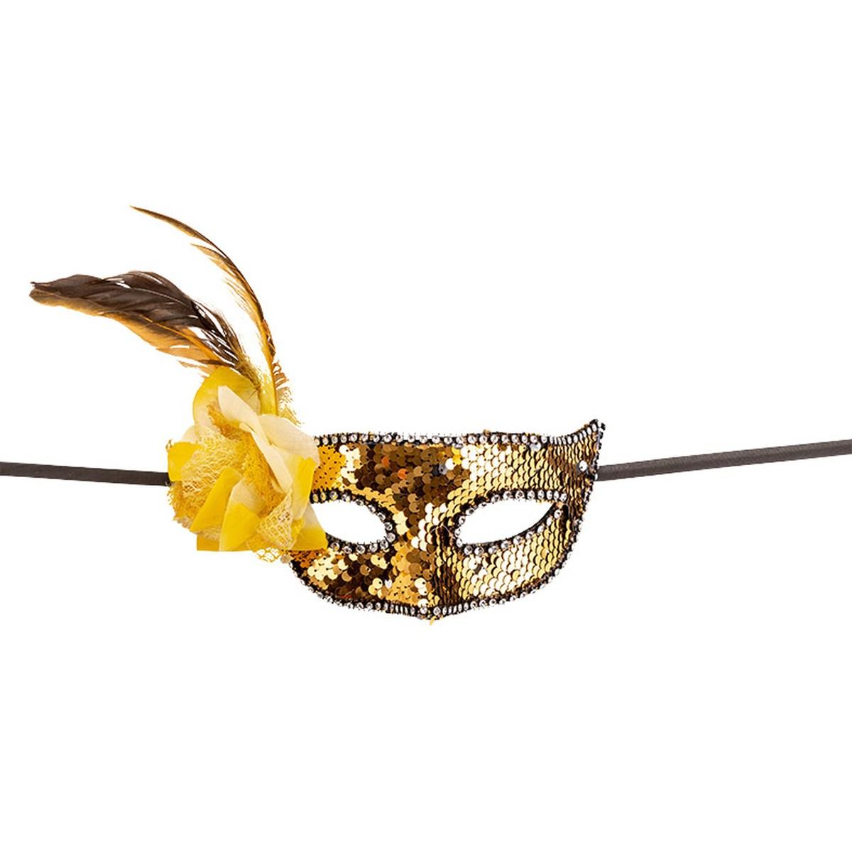 Maschera Viso Pvc Con Paillettes Oro Fiore E Piume |Carnival Toys