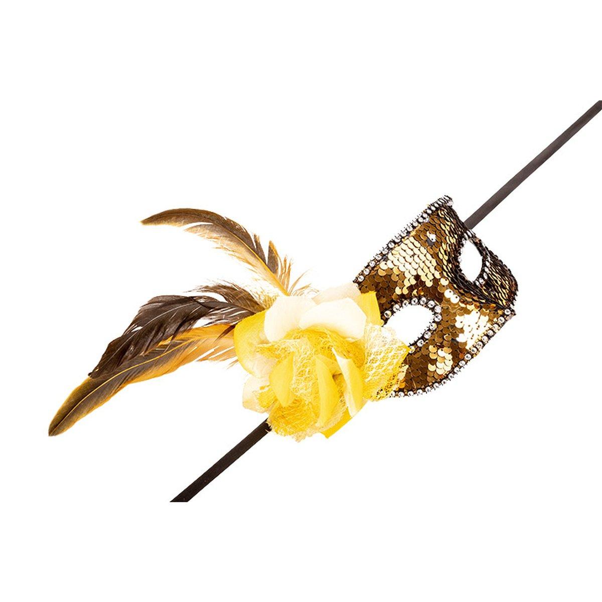 Maschera Viso Pvc Con Paillettes Oro Fiore E Piume |Carnival Toys
