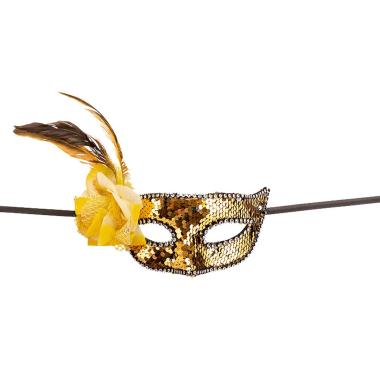 Maschera Viso Pvc Con Paillettes Oro Fiore E Piume |Carnival Toys
