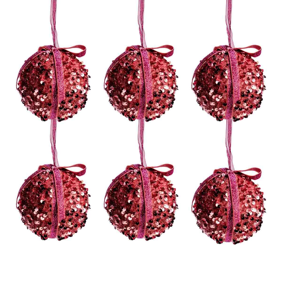 Pallina Natale cm.Ø8 Rosa con Fiocco e Paillettes Set pz.6 |Silani