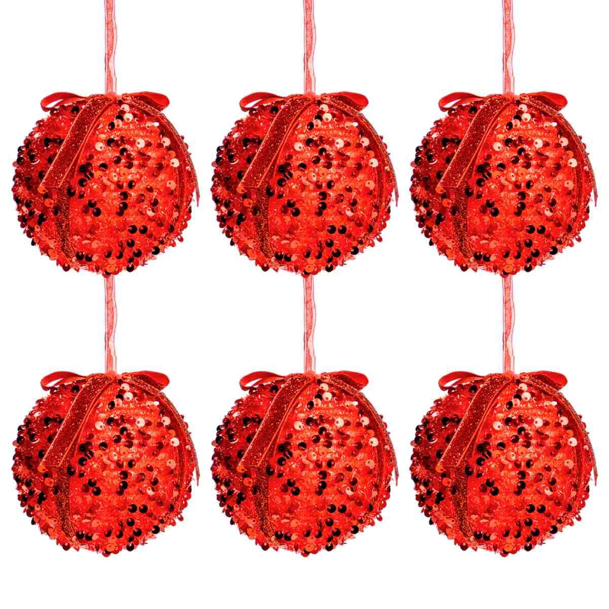 Pallina Natale cm.Ø8 Rosse con Fiocco e Paillettes Set pz.6 |Silani