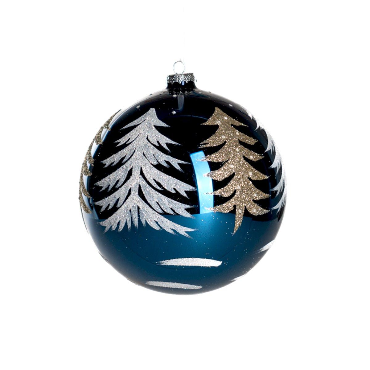 Pallina Natale Vetro cm.Ø15 Blu con Albero Oro |Silani
