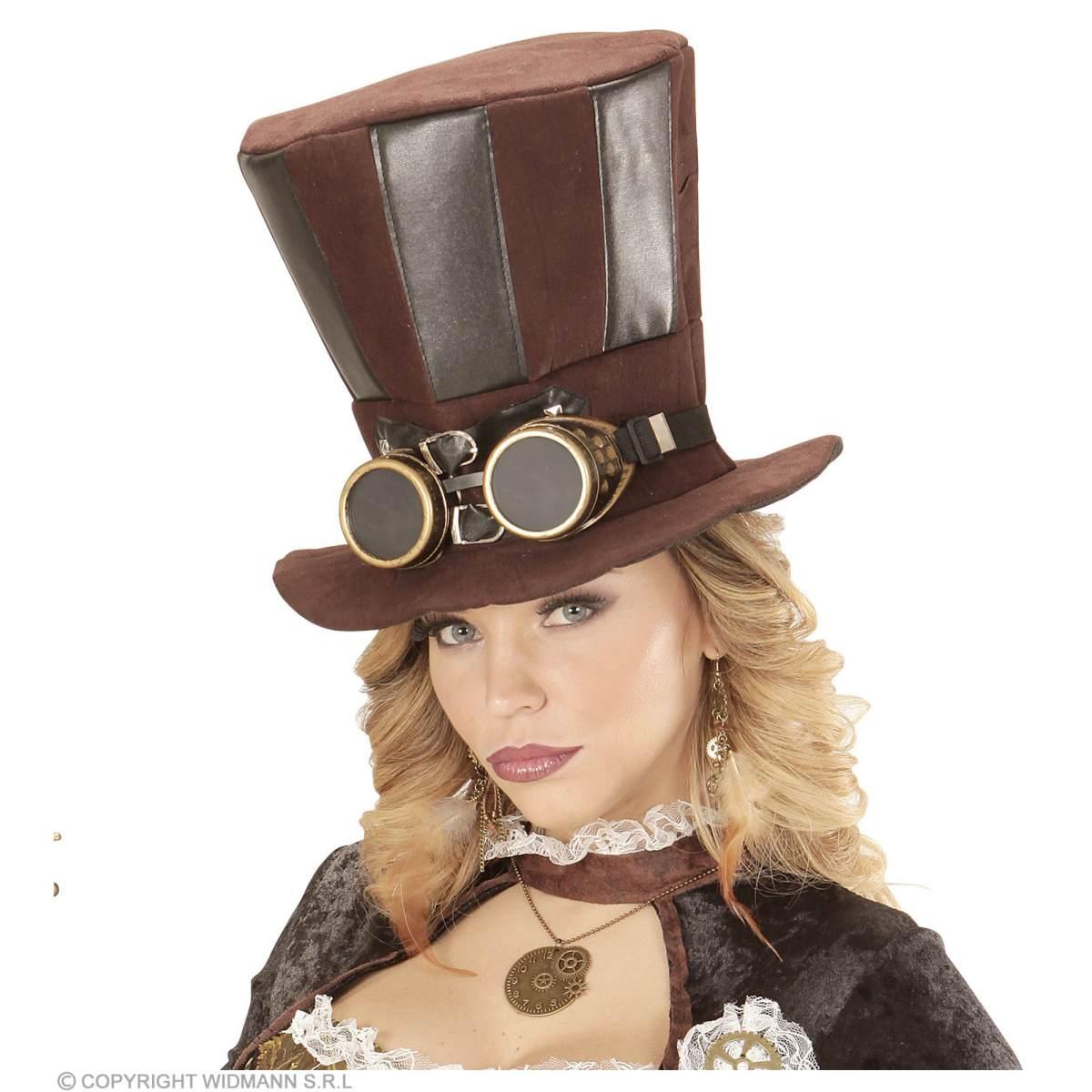 Cappello Cilindro Marrone Steampunk Con Occhiali 133 |Widmann