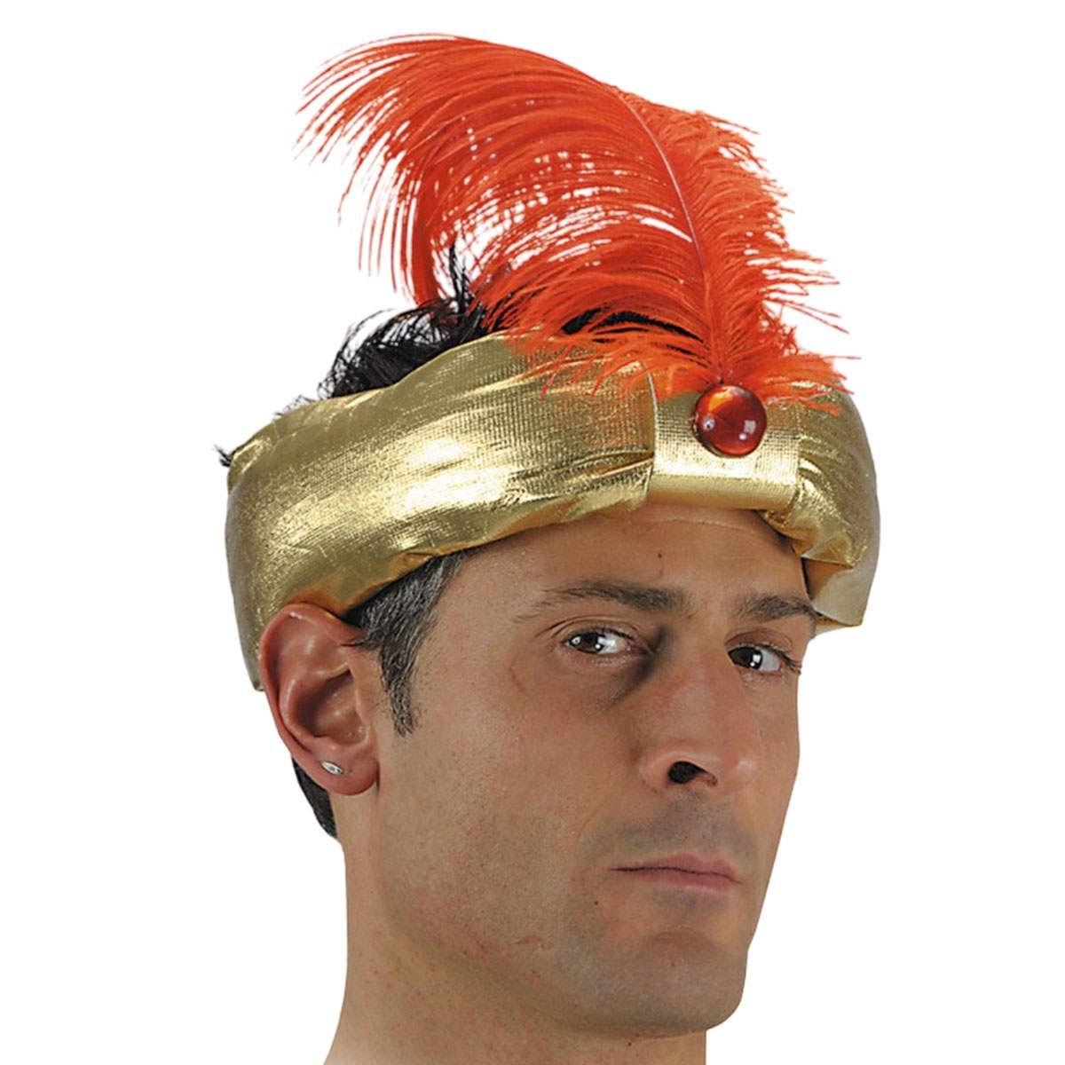 Cappello Principe Indiano Tessuto Oro Con Piuma |Carnival Toys