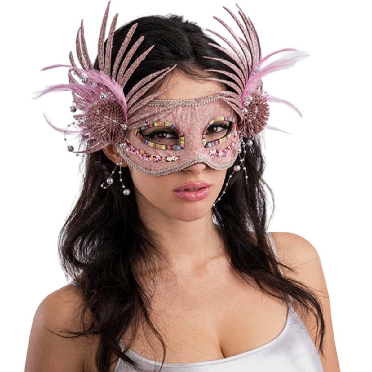 Maschera Viso Tessuto Velluto Rosa E Glitter |Carnival Toys