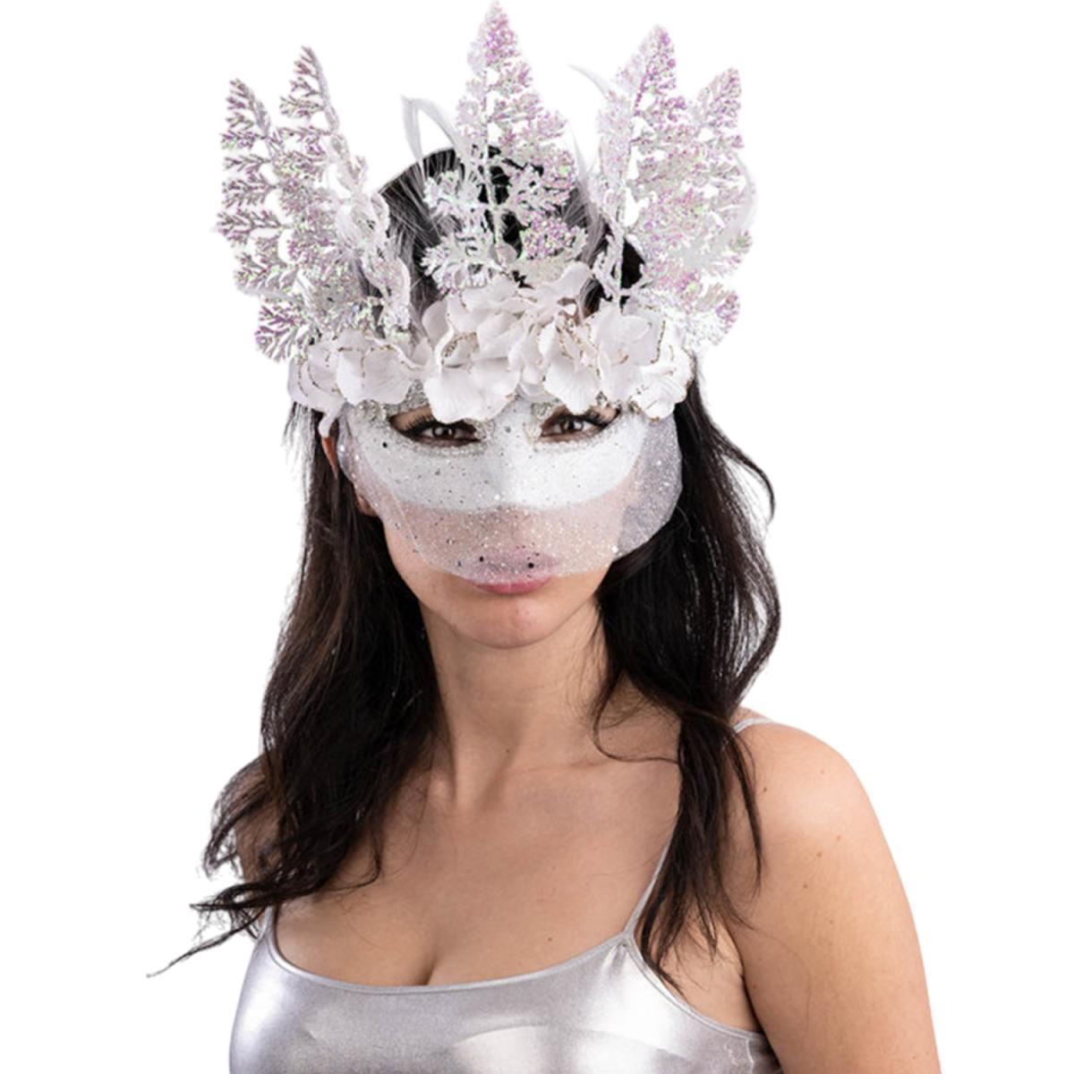 Maschera Viso Con Veletta Bianca E Fiori Glitter |Carnival Toys