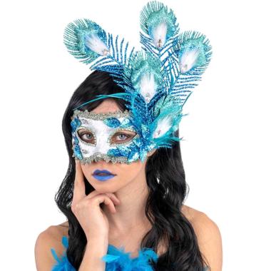 Maschera Viso Tessuto Damascato Turchese Floreale |Carnival Toys
