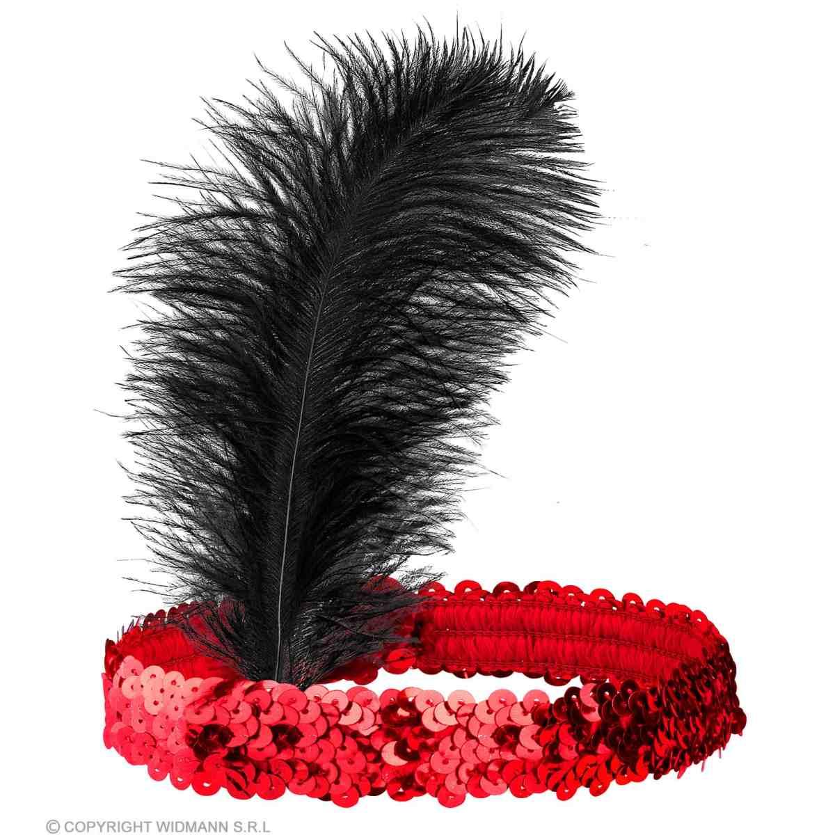 Fascia Capelli Charleston Paillettes Rosse Con Piuma |Widmann