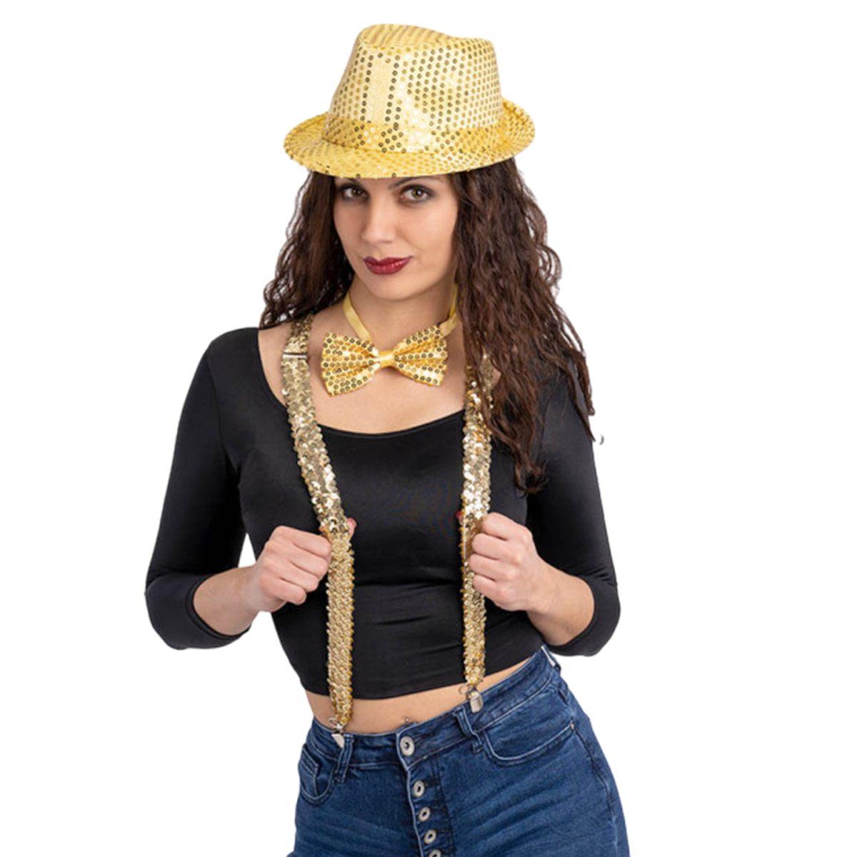 Disco Dance Oro Set pz.3 Cappello, Bretelle E Papillon |Carnival Toys