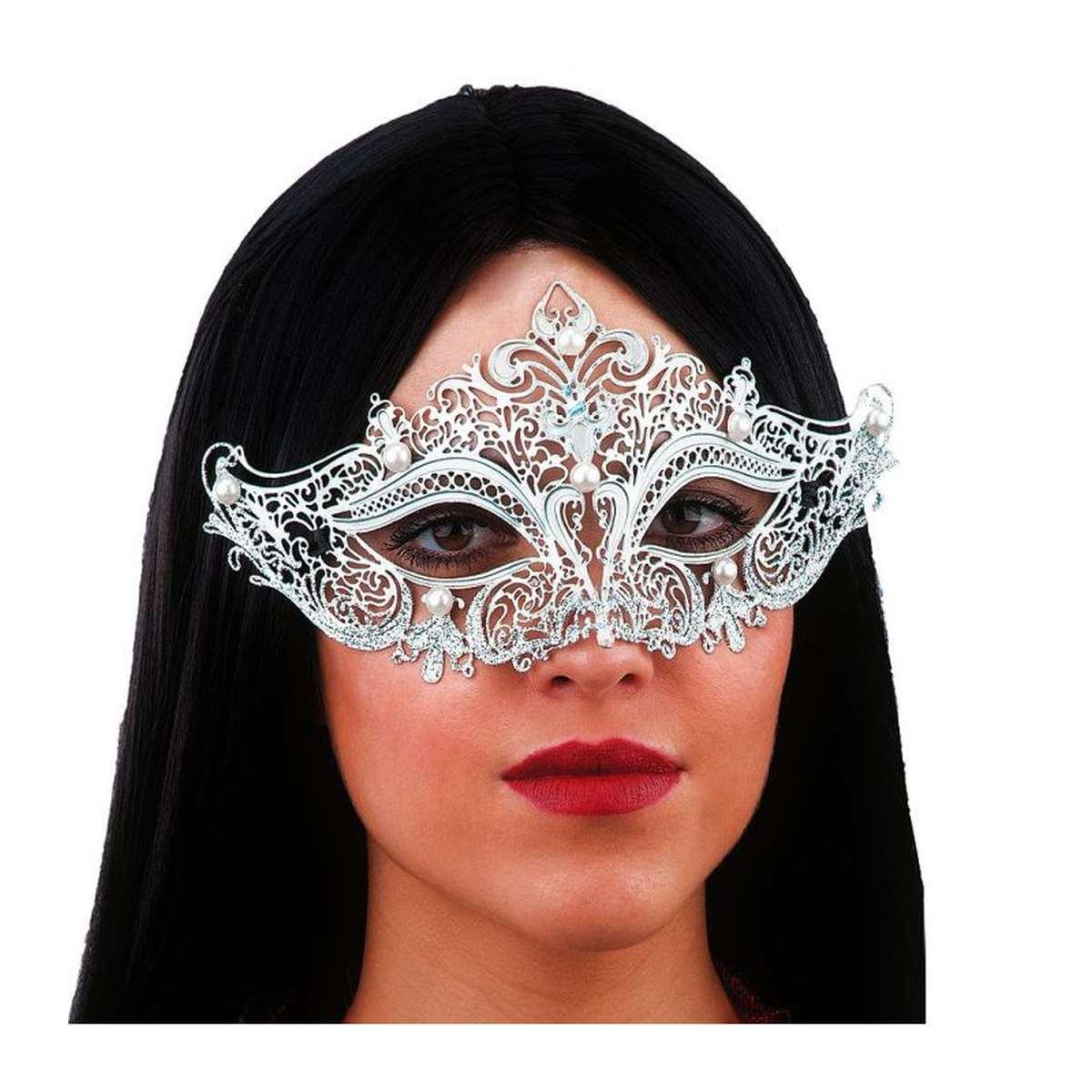 Maschera Viso Metallo Argento Con Perle Bianche |Carnival Toys