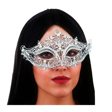 Maschera Viso Metallo Argento Con Perle Bianche |Carnival Toys