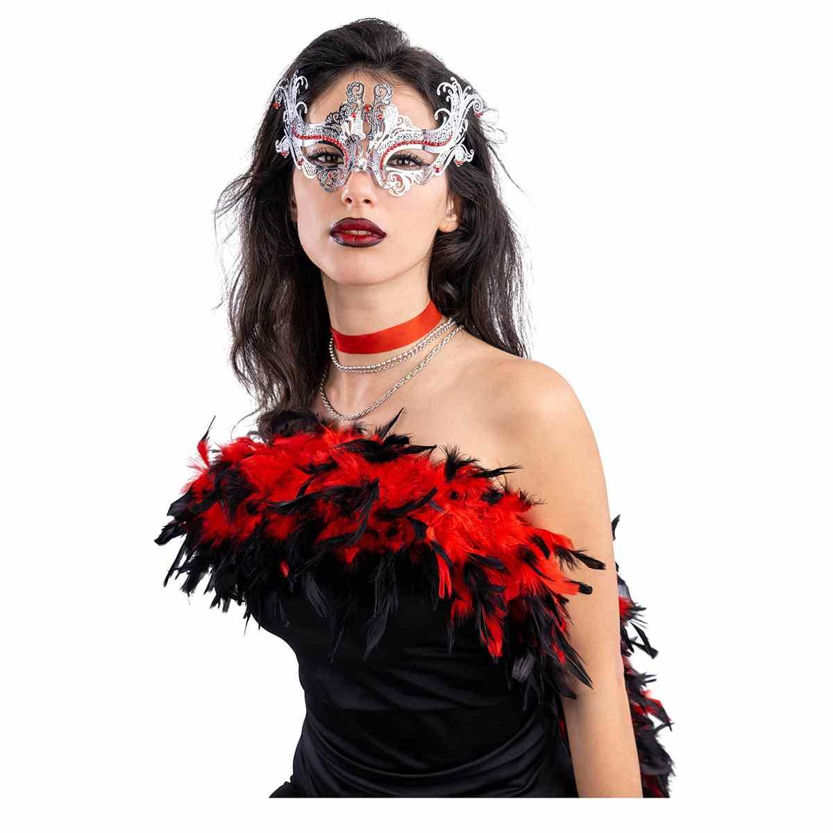 Maschera Viso Metallo Argento Con Strass Rossi |Carnival Toys