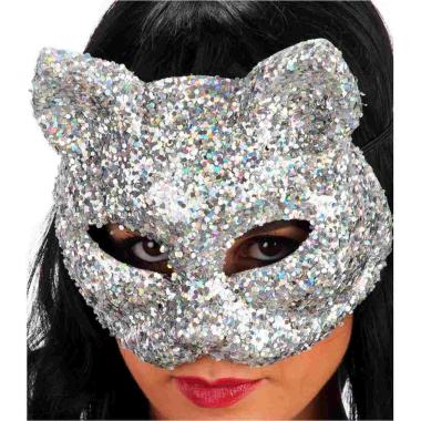 Maschera Viso Gatta Argento Con Paillettes |Carnival Toys