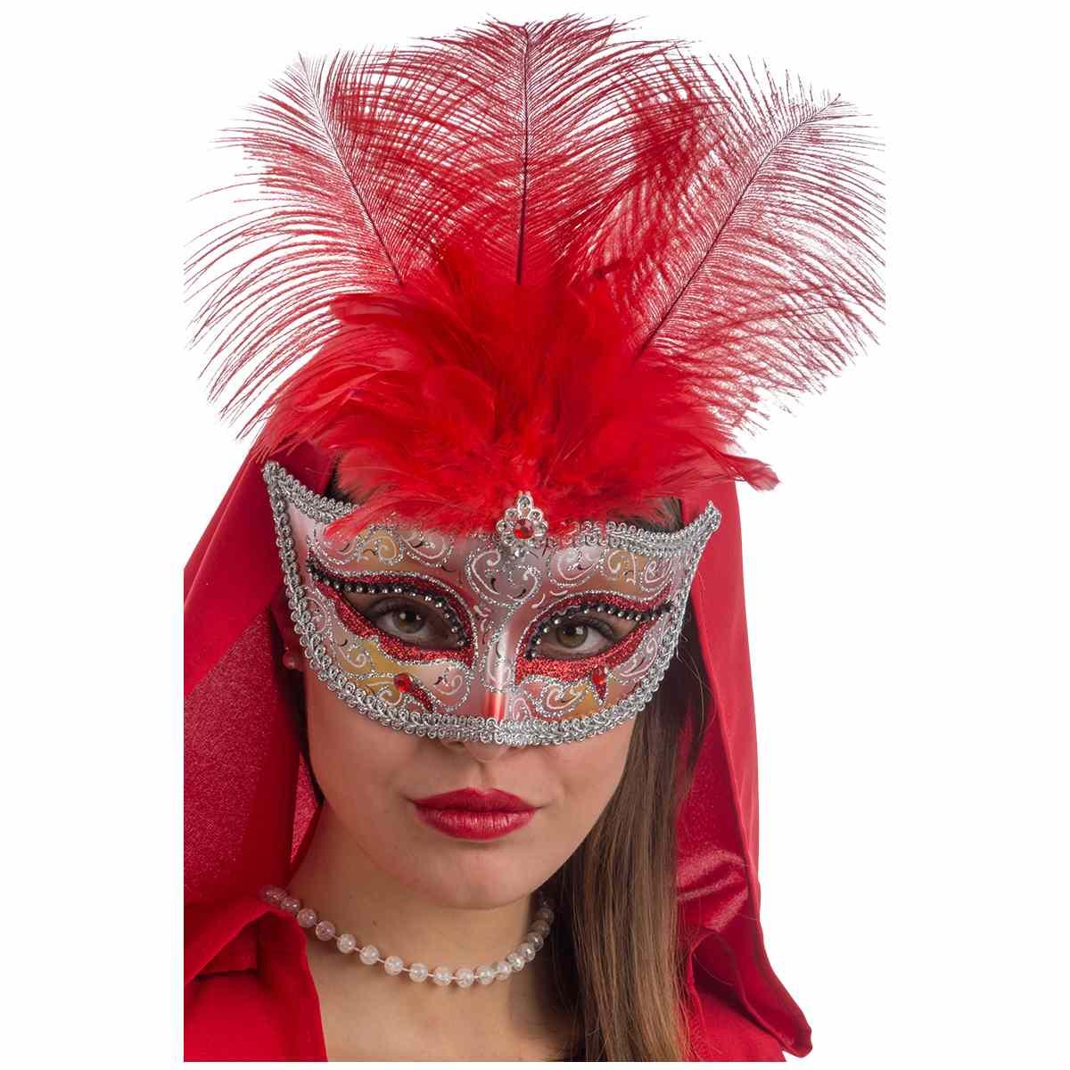Maschera Viso Oro Con Pioume Rosse |Carnival Toys