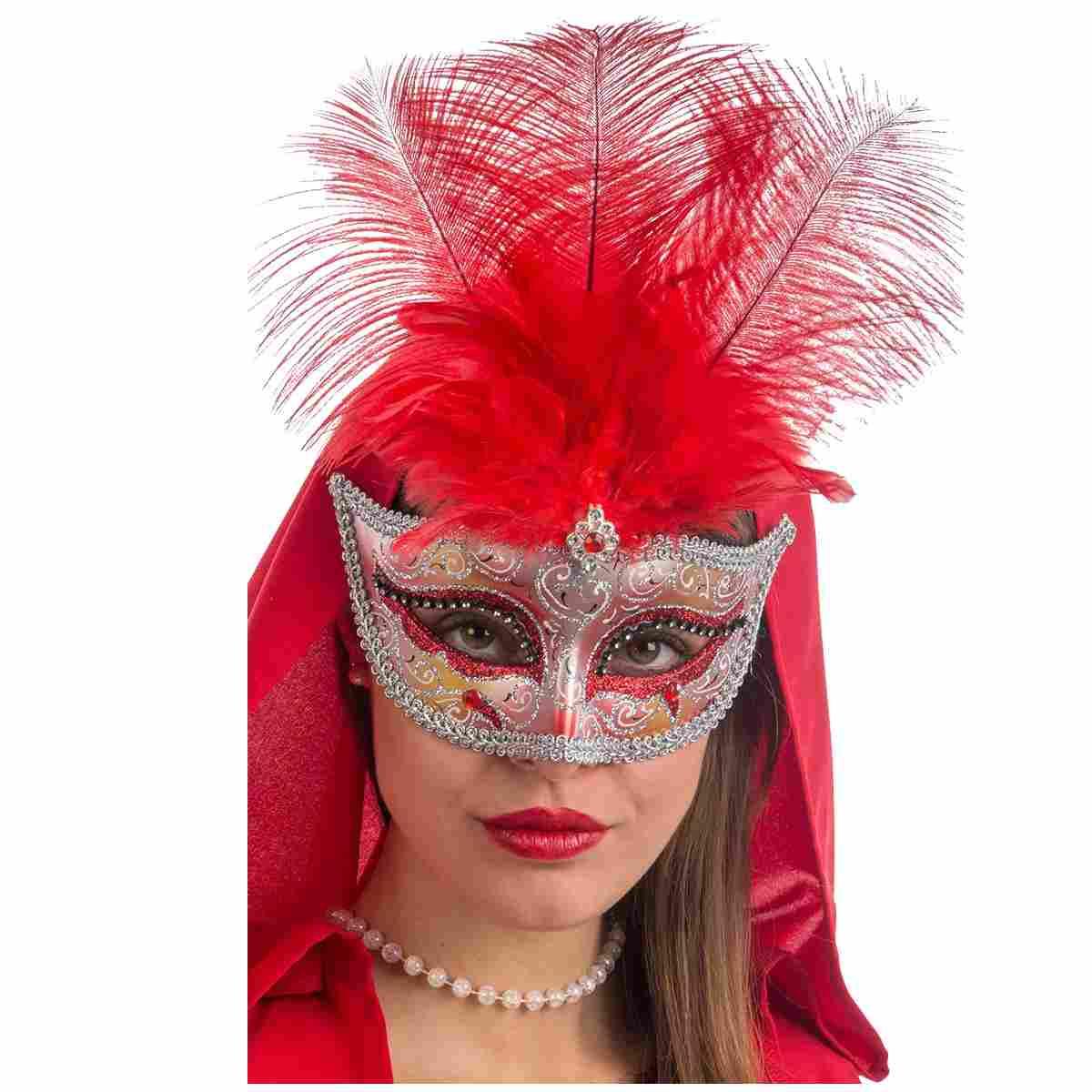 Maschera Viso Oro Con Pioume Rosse |Carnival Toys