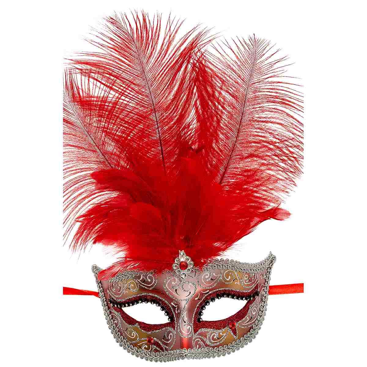 Maschera Viso Oro Con Pioume Rosse |Carnival Toys