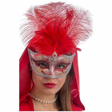 Maschera Viso Oro Con Pioume Rosse |Carnival Toys