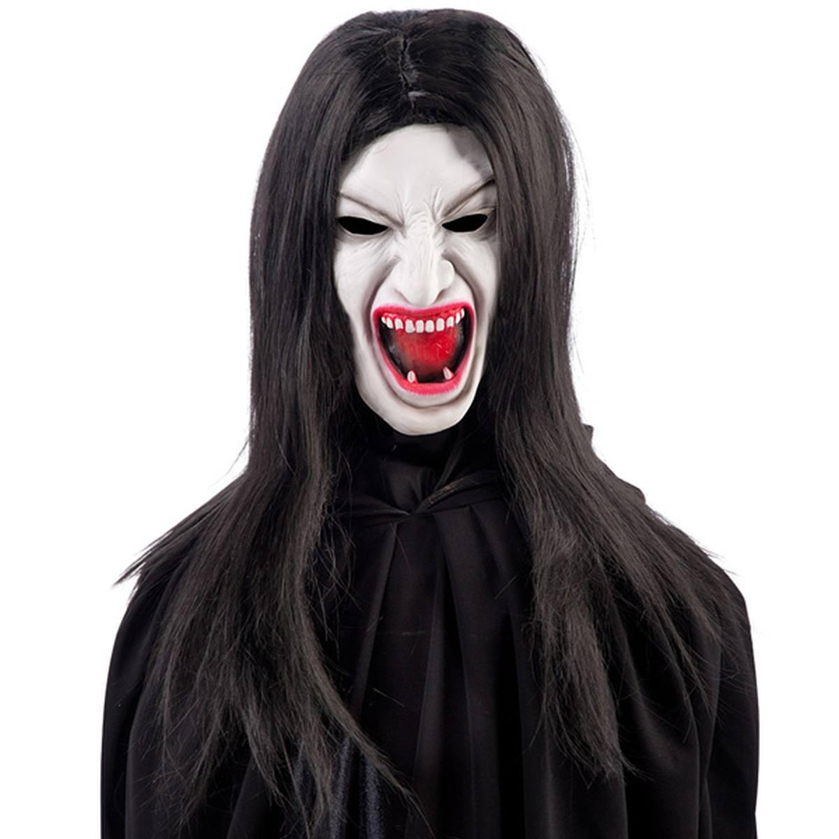 Maschera Viso Lattice Horror Vampira Con Capelli Lunghi Neri |Carnival Toys