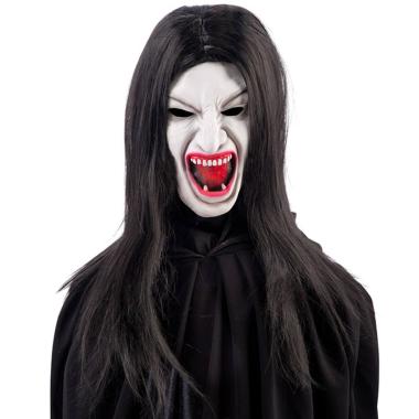 Maschera Viso Lattice Horror Vampira Con Capelli Lunghi Neri |Carnival Toys