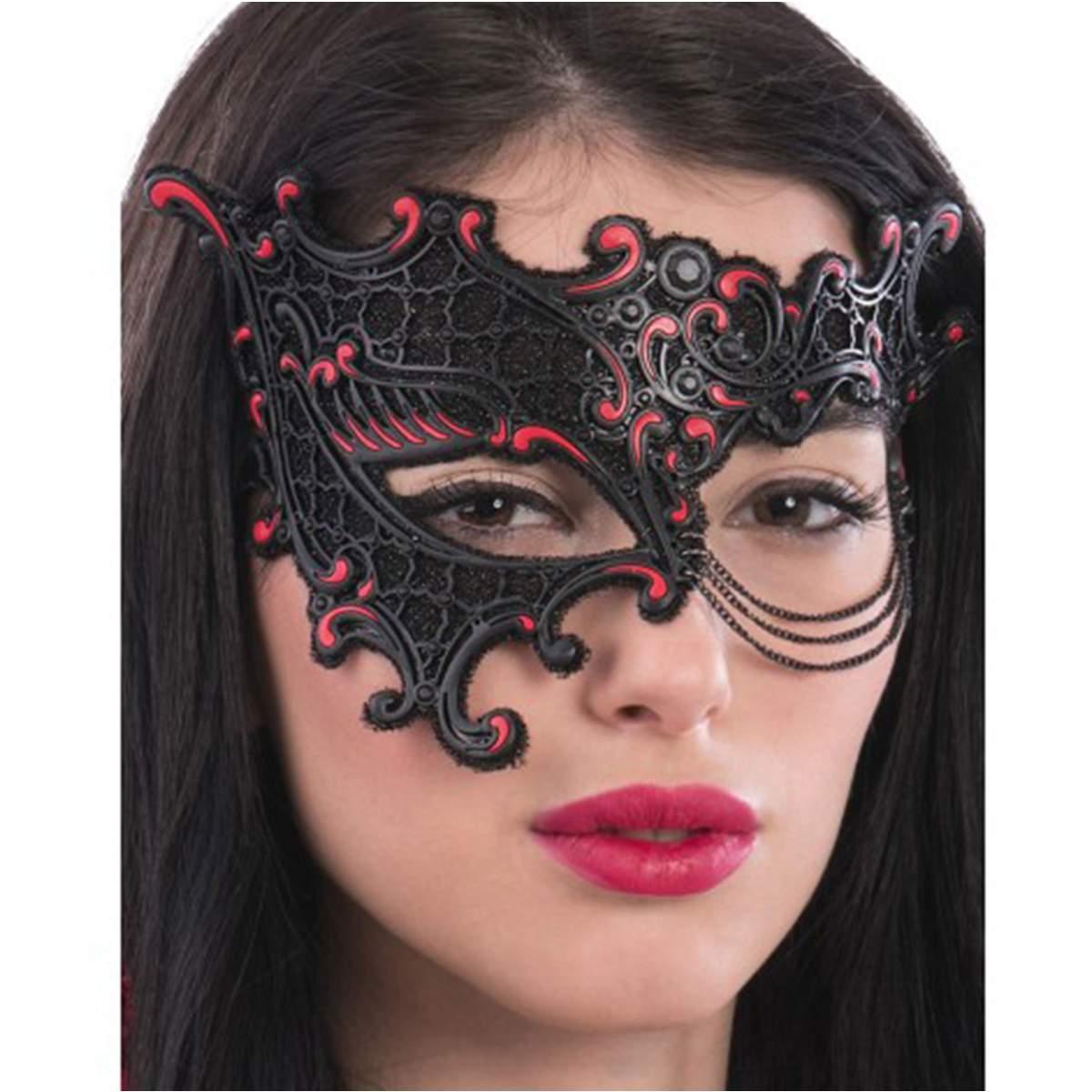 Maschera Viso Pvc Nera E Rossa Con Catenella |Carnival Toys