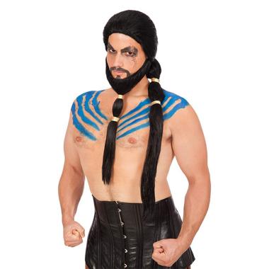 Parrucca Guerriero Nera Con Codino E Barba |Carnival Toys