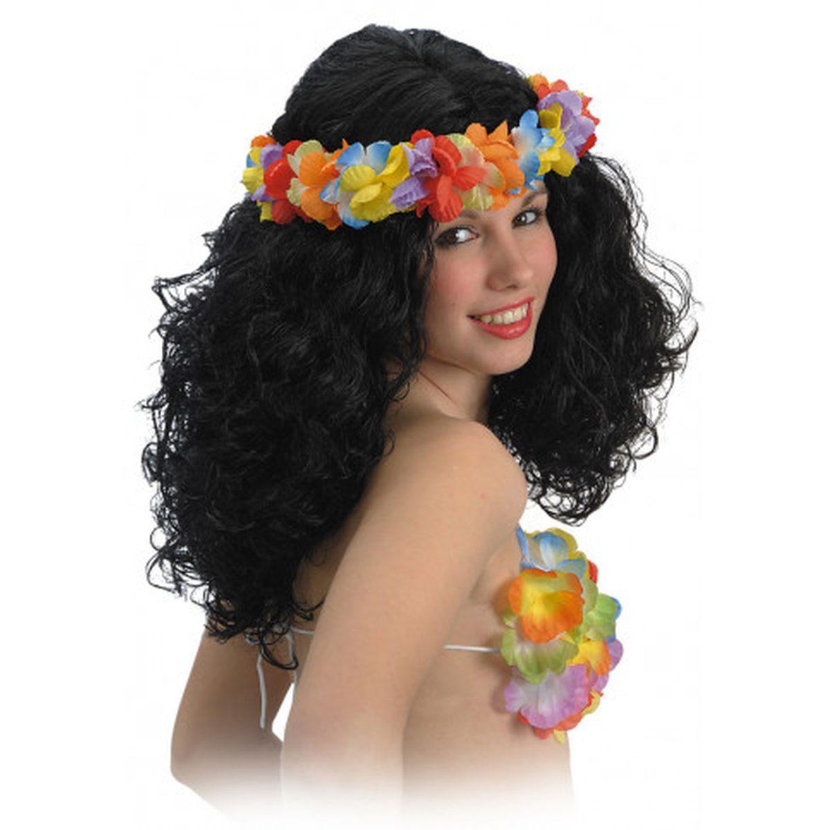 Parrucca Nera E Riccia Con Coroncina Di Fiori |Carnival Toys