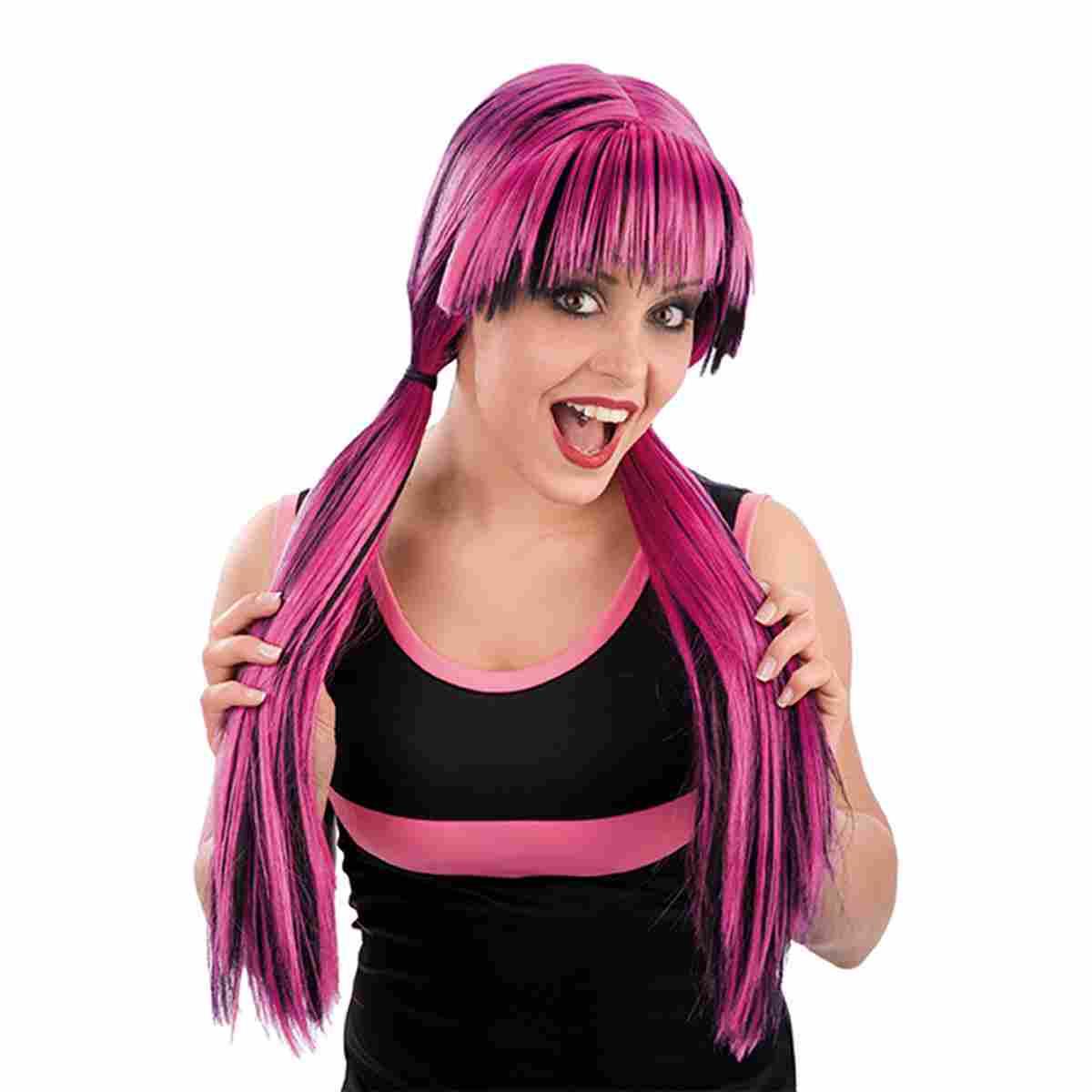Parrucca Draculina Fucsia Liscia Con Frangia E Codini |Carnival Toys