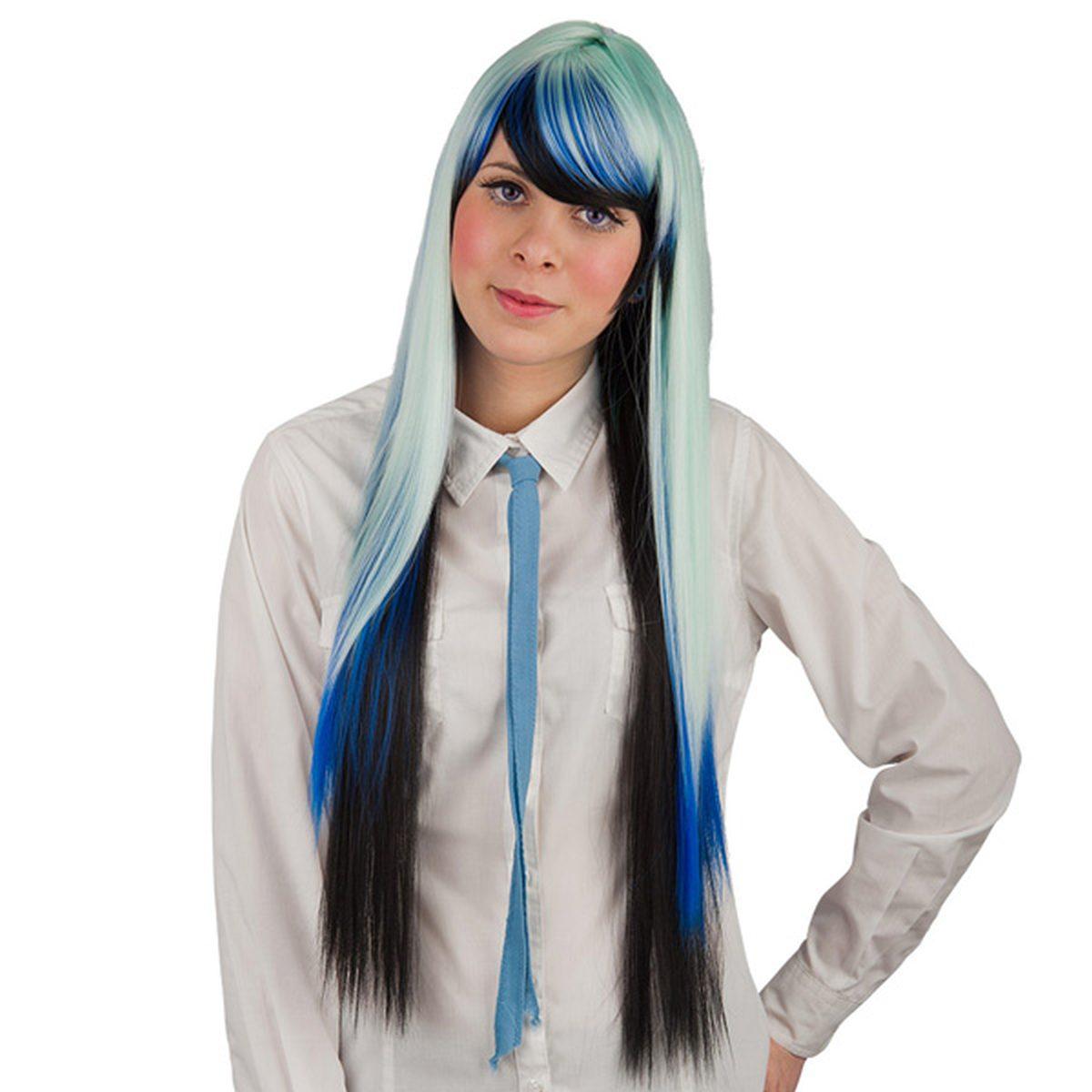 Parrucca Nera Blu Verde Liscia Con Frangia Lusso |Carnival Toys