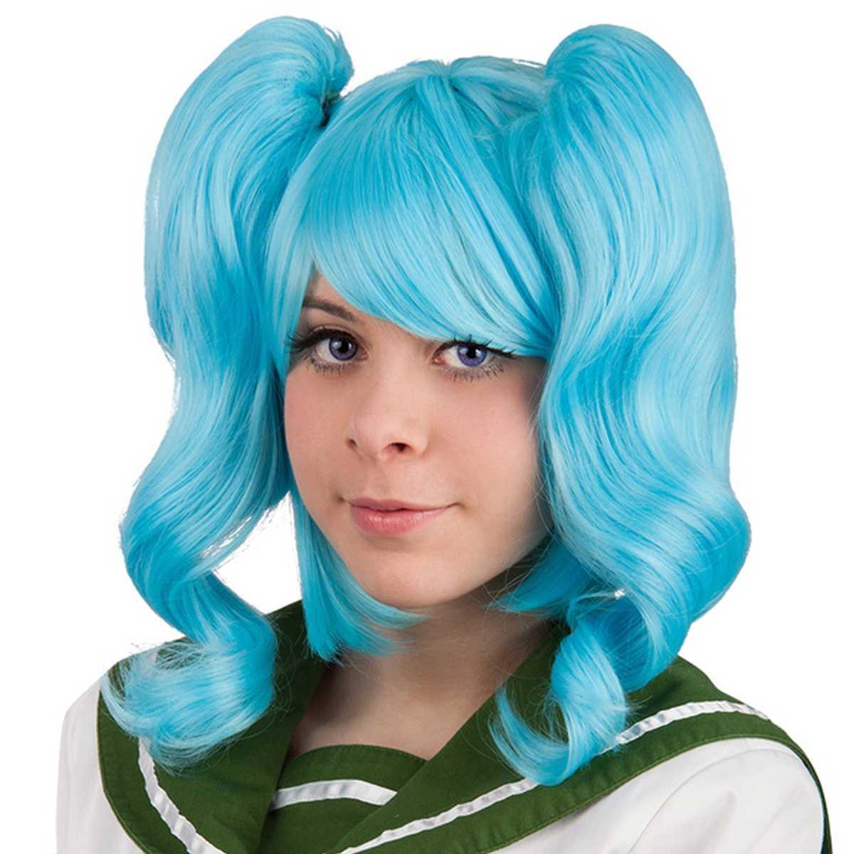 Parrucca Azzurra Liscia Con Codini E Frangia |Carnival Toys
