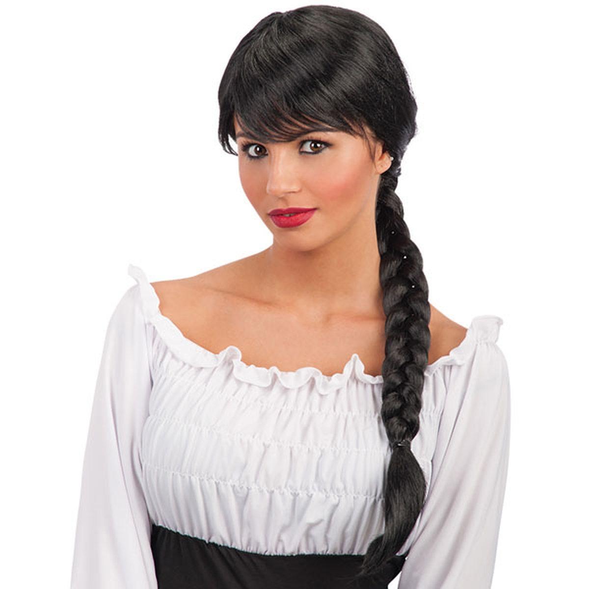 Parrucca Nera Liscia Con Treccia E Frangia |Carnival Toys