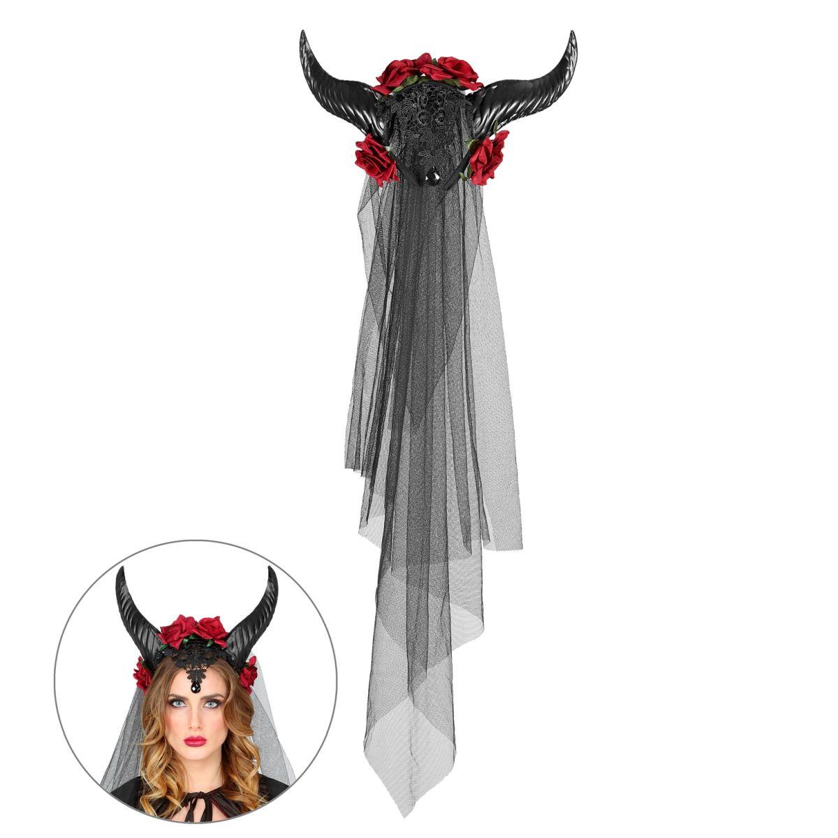 Cerchietto Con Corna Rose E Velo Nero |Widmann