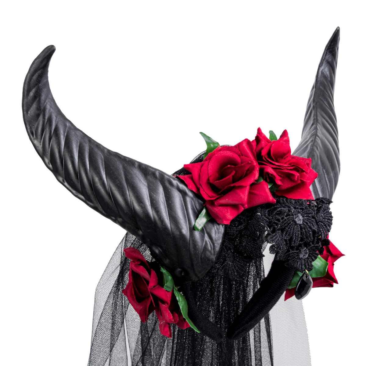 Cerchietto Con Corna Rose E Velo Nero |Widmann