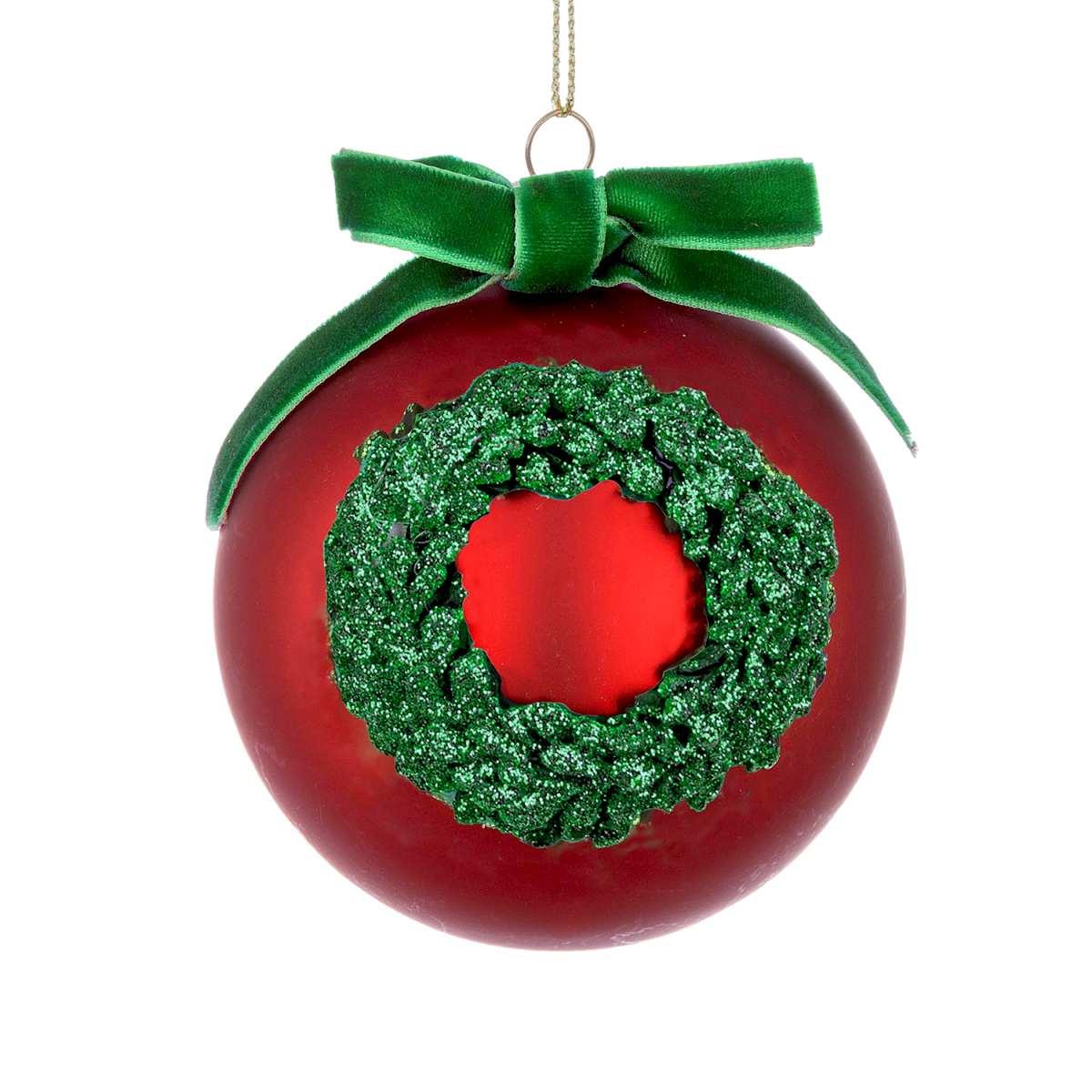 Pallina Natale Vetro cm.Ø8 Rossa con Ghirlanda Verde |Bizzotto