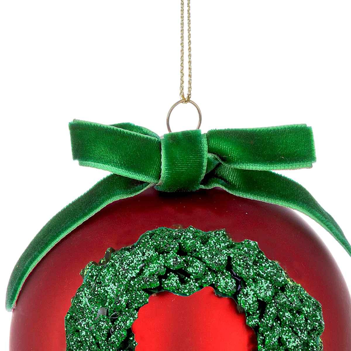 Pallina Natale Vetro cm.Ø8 Rossa con Ghirlanda Verde |Bizzotto