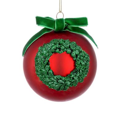 Pallina Natale Vetro cm.Ø8 Rossa con Ghirlanda Verde |Bizzotto