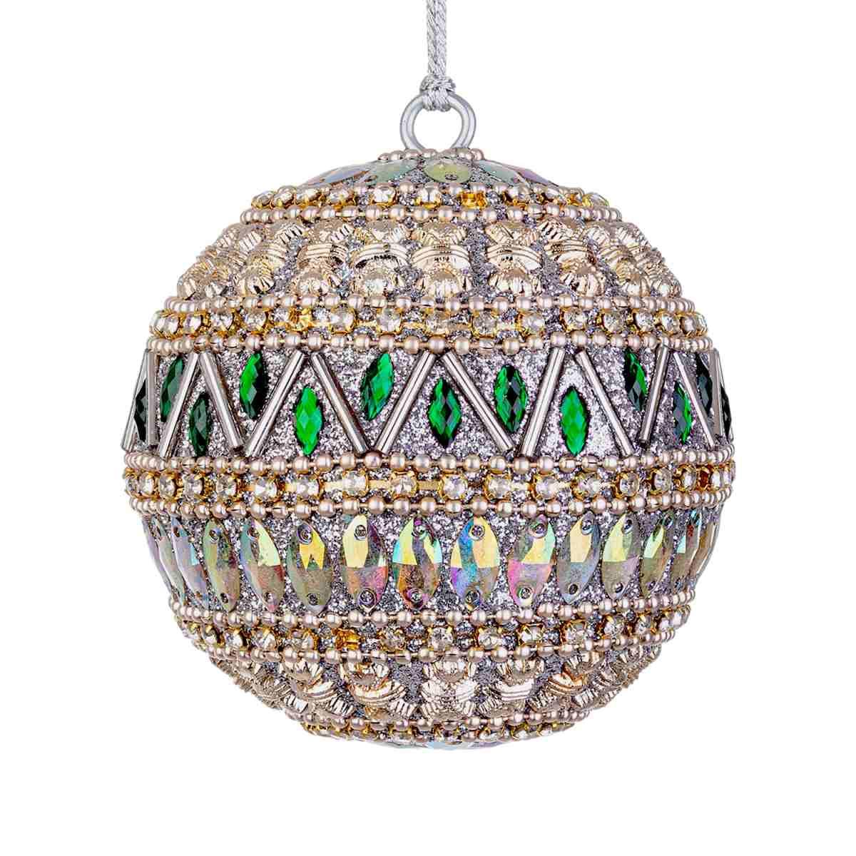 Pallina Natale cm.Ø10 Pietre Perline Verde Argento |Bizzotto