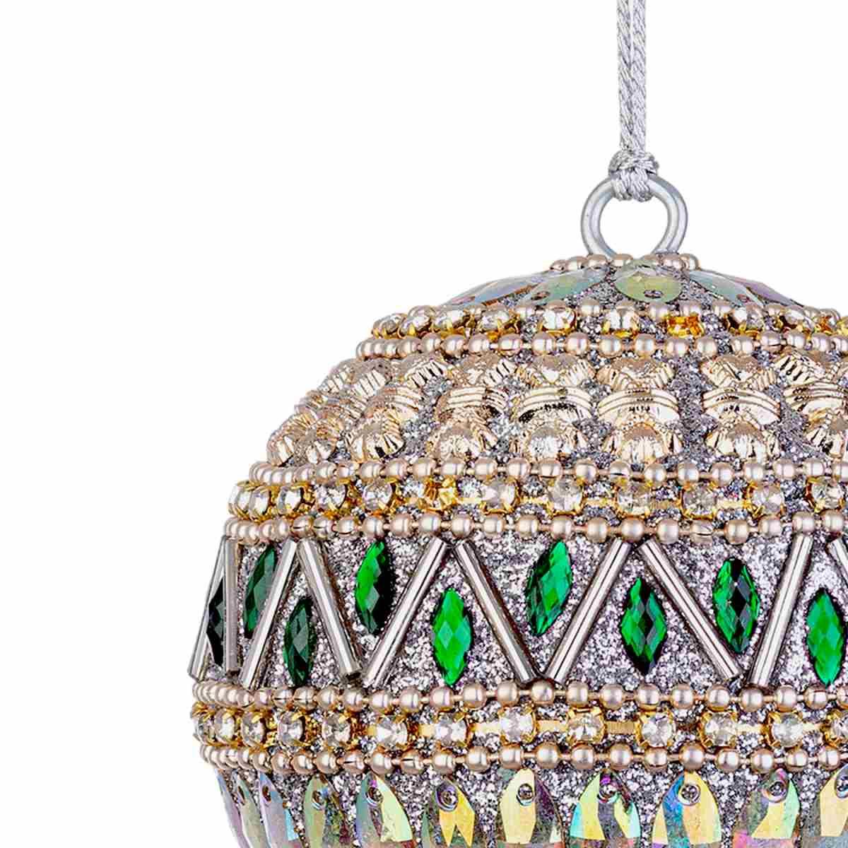 Pallina Natale cm.Ø10 Pietre Perline Verde Argento |Bizzotto