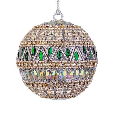 Pallina Natale cm.Ø10 Pietre Perline Verde Argento |Bizzotto