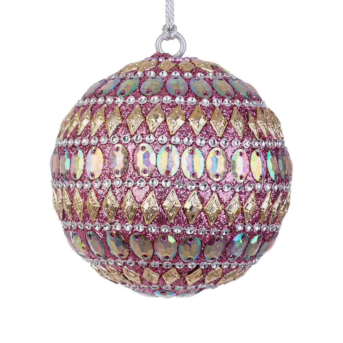 Pallina Natale cm.Ø7 Pietre Perline Rosa Argento |Bizzotto