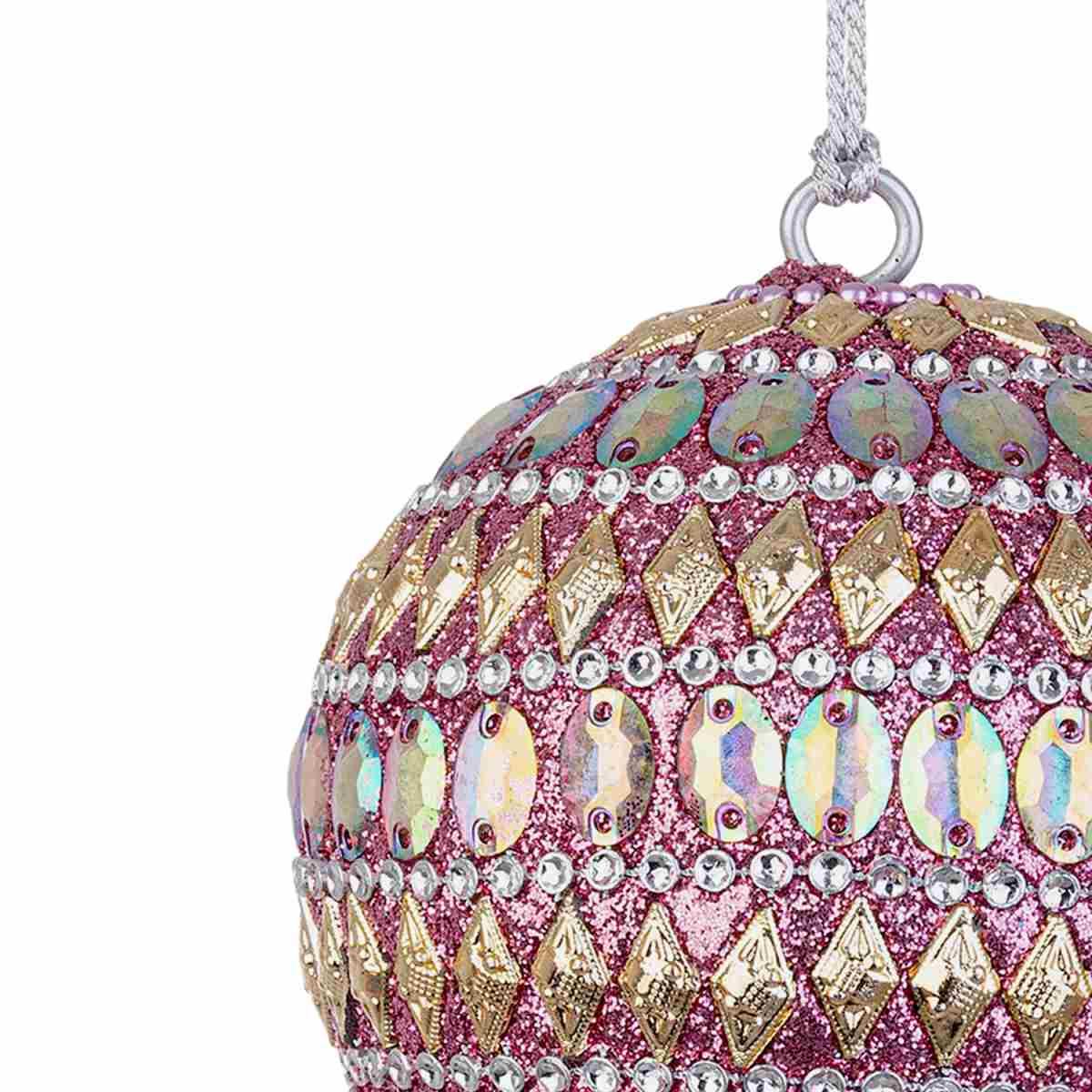 Pallina Natale cm.Ø7 Pietre Perline Rosa Argento |Bizzotto
