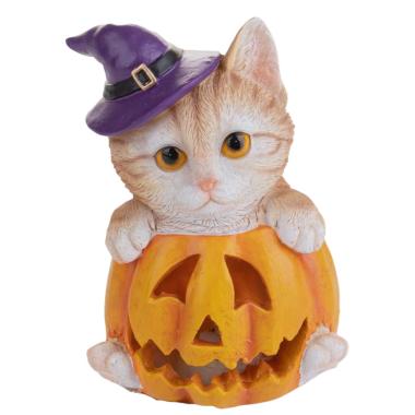 Zucca Resina Con Gatto E Luce Led cm.10x16 |Bianchi Dino