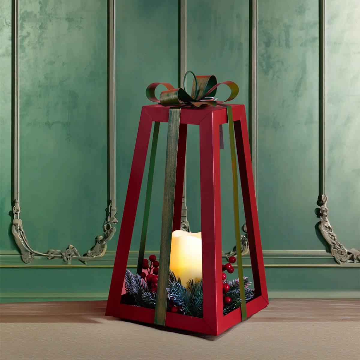 Lanterna cm.Ø25x47 Metallo Rossa con Candela e Fiocco |Bianchi Dino