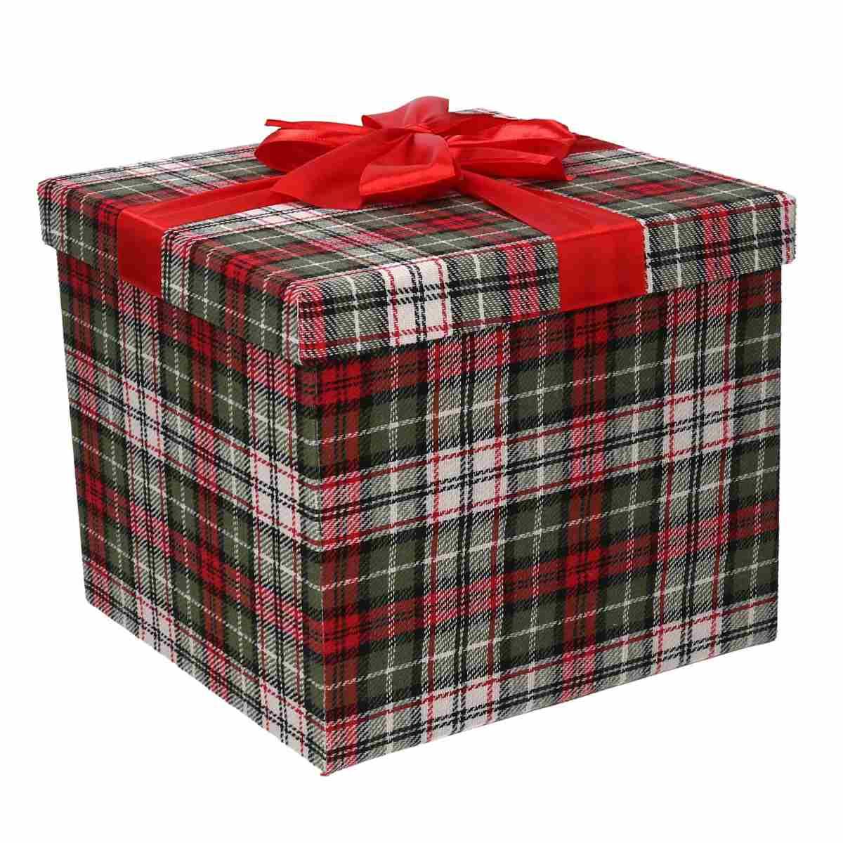 Scatola Natale Cartone Tartan Verde Rossa cm.27x27x25 |Vacchetti