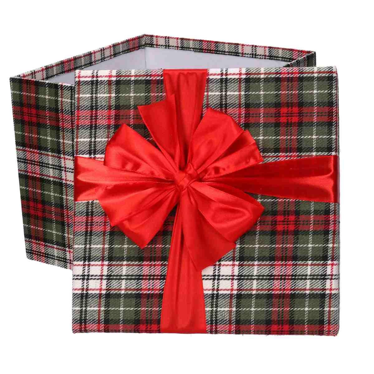 Scatola Natale Cartone Tartan Verde Rossa cm.27x27x25 |Vacchetti